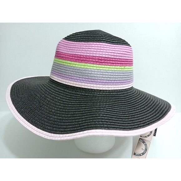 Badgley Mischka Straw Summer Sun Beach Hat Multicolor Black Pink Green Purple - Picture 2 of 8